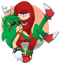 Size: 1223x1293 | Tagged: dead source, safe, artist:p-o-o-o-o-f, knuckles the echidna, dialogue, gay, knuckles x manic, knuxmanic, laying on them, lidded eyes, males only, manic the hedgehog, shipping, signature, simple background, sitting