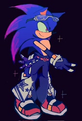 Size: 1383x2048 | Tagged: safe, artist:prismsonic, sonic the hedgehog, 2025, alternate outfit, backwards v sign, belt, blushing, glasses, looking offscreen, pants, smile, solo, sparkles, standing, v sign