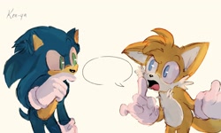 Size: 2048x1232 | Tagged: safe, artist:ken-yamh, miles "tails" prower, sonic the hedgehog, 2025, duo, looking at each other, mouth open, signature, simple background, speech bubble, standing, talking, white background