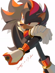 Size: 1537x2048 | Tagged: safe, artist:mannnnnincave, shadow the hedgehog, 2025, looking offscreen, signature, simple background, sitting, solo, white background