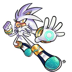 Size: 2000x2000 | Tagged: safe, artist:brinst, silver the hedgehog, 2025, clenched fist, clenched teeth, frown, looking at viewer, mid-air, signature, simple background, solo, white background