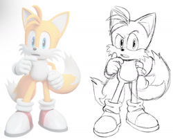 Size: 1682x1351 | Tagged: safe, artist:justin61894350, miles "tails" prower, 2025, finger under chin, hand on hip, line art, looking offscreen, monochrome, mouth open, raised eyebrow, redraw, reference inset, simple background, sketch, solo, standing, white background