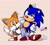 Size: 1554x1388 | Tagged: safe, artist:bluespheres07, miles "tails" prower, sonic the hedgehog, 2025, :o, alternate version, classic sonic, classic sonic (universe), classic tails, colored version, duo, dust clouds, looking at them, looking offscreen, signature, standing, tapping foot