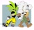 Size: 2048x1820 | Tagged: safe, artist:maximumwarp_, lanolin the sheep, surge the tenrec, sheep, tenrec, 2025, abstract background, clenched teeth, dragging them, duo, electricity, female, frown, lidded eyes, looking at viewer, looking offscreen, treads, walking