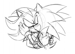 Size: 1450x1037 | Tagged: safe, artist:lynaems, shadow the hedgehog, sonic the hedgehog, 2025, blushing, duo, eyes closed, gay, holding each other, kiss, line art, monochrome, shadow x sonic, shipping, sketch