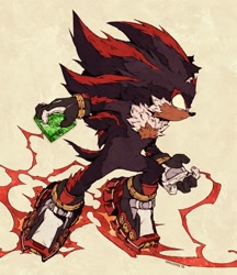 Size: 1768x2048 | Tagged: safe, artist:navusare, shadow the hedgehog, 2025, beige background, chaos emerald, fluffy, frown, holding something, looking offscreen, simple background, skating, solo