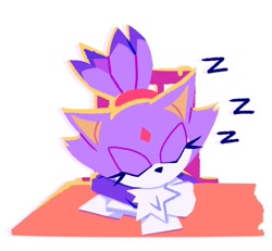 Size: 1300x1200 | Tagged: safe, artist:charliebird026, blaze the cat, 2025, blazebetes, cute, desk, eyes closed, no outlines, paper, simple background, sitting, sleeping, solo, white background, zzz