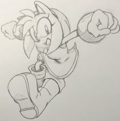 Size: 2024x2048 | Tagged: safe, artist:supahueman, amy rose, 2025, arms out, clenched fists, greyscale, line art, looking at viewer, monochrome, mouth open, pencilwork, posing, smile, solo, traditional media