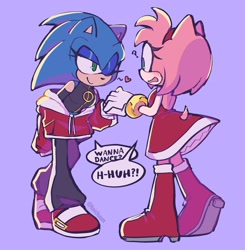 Size: 2003x2048 | Tagged: safe, artist:baichuum, amy rose, sonic the hedgehog, 2024, amy x sonic, blushing, dialogue, duo, english text, half r63 shipping, heart, lesbian, looking at each other, purple background, question mark, shipping, simple background, smile, speech bubble, wink