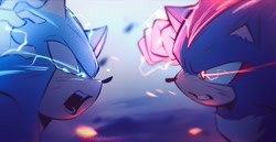 Size: 2048x1060 | Tagged: safe, artist:sunshine_tutle, shadow the hedgehog, sonic the hedgehog, sonic the hedgehog 3 (film), 2025, abstract background, duo, electricity, fight, looking at each other