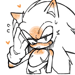 Size: 1280x1280 | Tagged: safe, artist:0mu_raiu1013, sonic the hedgehog, 2025, blushing, blushing ears, blushing shoulder, frown, hand on own head, heart, lidded eyes, line art, looking at viewer, monochrome, simple background, solo, sweatdrop, top surgery scars, trans male, transgender, white background