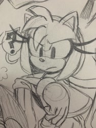 Size: 1536x2048 | Tagged: safe, artist:jaslenebella0, amy rose, 2025, frown, leaning, line art, looking offscreen, monochrome, pencilwork, piko piko hammer, question mark, solo, standing, traditional media