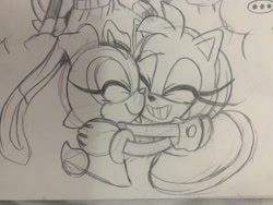 Size: 2048x1536 | Tagged: safe, artist:jaslenebella0, amy rose, cream the rabbit, ..., 2025, cute, duo, eyes closed, hugging, line art, monochrome, pencilwork, smile, traditional media