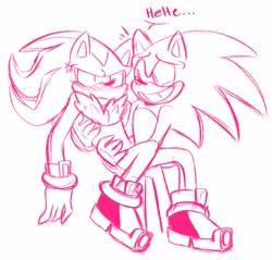 Size: 2096x2000 | Tagged: safe, artist:sugarkittycat04, shadow the hedgehog, sonic the hedgehog, 2020, annoyed, blushing, carrying them, cross popping vein, duo, frown, gay, laughing, line art, looking at them, looking offscreen, monochrome, nervous, shadow is not amused, shadow x sonic, shipping, simple background, sketch, smile, standing, this won't end well, white background