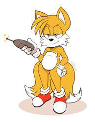 Size: 1549x2000 | Tagged: safe, artist:footfoxxy, miles "tails" prower, 2024, hand on hip, holding something, lidded eyes, looking ahead, looking offscreen, remote controller, shadow (lighting), signature, simple background, smile, smug, solo, white background