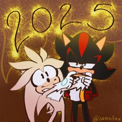 Size: 2008x2008 | Tagged: safe, artist:samoirax, shadow the hedgehog, silver the hedgehog, 2025, abstract background, arms folded, duo, flat colors, forced smile, lidded eyes, looking at viewer, new years, signature, smile, standing