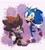 Size: 1852x2048 | Tagged: safe, artist:mizaaami, shadow the hedgehog, sonic the hedgehog, 2025, abstract background, duo, kneeling, lidded eyes, looking at viewer, looking offscreen, mouth open, open smile, smile, smiling at viewer, standing on one leg