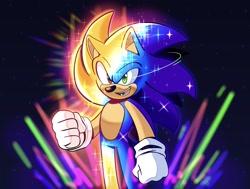 Size: 2048x1549 | Tagged: safe, artist:quillsketch, sonic the hedgehog, super sonic, 2025, abstract background, clenched fists, looking ahead, looking offscreen, mouth open, smile, solo, sparkles, standing, super form, super transformation