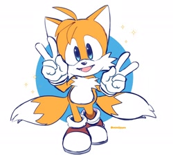 Size: 2048x1888 | Tagged: safe, artist:mimiipyon, miles "tails" prower, 2023, abstract background, cute, double v sign, looking at viewer, signature, smile, solo, sparkles, v sign