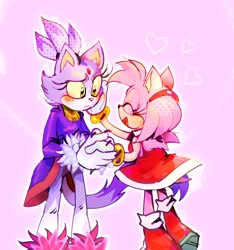 Size: 1500x1600 | Tagged: safe, artist:hotsmokeycowboy, amy rose, blaze the cat, 2025, :<, amy x blaze, amybetes, blazebetes, blushing, cute, duo, eyes closed, frown, hand on face, heart, holding hands, lesbian, looking at them, mouth open, outline, pink background, pink nose, shipping, simple background, smile, standing, yellow sclera