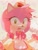 Size: 1559x2048 | Tagged: safe, artist:bnn_len, amy rose, hedgehog, 2025, abstract background, alternate outfit, amybetes, apron, bow, dress, heart, heart eyes, mouth open, smile, solo, sonic forces: speed battle, standing, strawberry