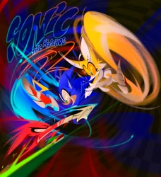 Size: 1871x2048 | Tagged: safe, artist:trains_rights, knuckles the echidna, miles "tails" prower, sonic the hedgehog, sonic the hedgehog 2 (2022), 2022, abstract background, character name, english text, eyelashes, fight, flying, looking at them, punching, smile, spinning tails, team sonic, trio, yellow sclera