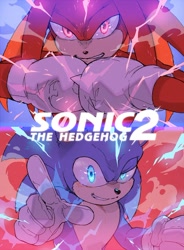 Size: 730x993 | Tagged: safe, artist:li_ili_ili_il, knuckles the echidna, sonic the hedgehog, sonic the hedgehog 2 (2022), 2022, abstract background, clenched fist, clenched fists, clenched teeth, duo, electricity, fists together, frown, glowing eyes, looking at viewer, movie poster, pointing, pointing gun at viewer, poster, smile