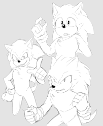 Size: 1664x2048 | Tagged: safe, artist:azuredreamrealm, sonic the hedgehog, sonic the hedgehog (2020), 2022, clenched fists, clenched teeth, frown, grey background, looking at viewer, looking offscreen, monochrome, mouth open, pointing, pointing at viewer, ring, simple background, smile, solo, standing