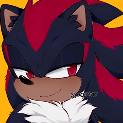 Size: 2000x2000 | Tagged: safe, artist:spacemvtt, shadow the hedgehog, 2022, cheek fluff, chest fluff, ear fluff, icon, lidded eyes, looking at viewer, signature, simple background, smile, solo, stupid sexy shadow, yellow background