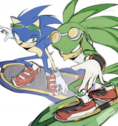 Size: 1454x1552 | Tagged: safe, artist:mieierae201, jet the hawk, sonic the hedgehog, duo, extreme gear, gay, jet x sonic, looking at each other, shipping, simple background, sonic riders, white background