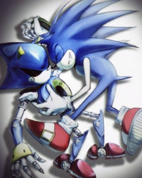 Size: 1339x1672 | Tagged: safe, artist:mieierae201, metal sonic, sonic the hedgehog, dancing, duo, eyes closed, gay, holding hands, metonic, robot, shipping, smile