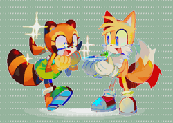 Size: 491x349 | Tagged: safe, artist:bdbdi743, marine the raccoon, miles "tails" prower, sonic rush adventure, cute, duo, holding something, pixel art, smile, sparkles, standing