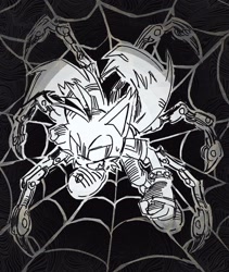 Size: 1937x2298 | Tagged: safe, artist:bdbdi743, miles "tails" prower, nine, sonic prime, cobwebs, greyscale, grin, monochrome, smile, solo