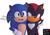 Size: 1069x748 | Tagged: safe, artist:jocelynminions, shadow the hedgehog, sonic the hedgehog, hedgehog, duo, english text, looking offscreen, male, movie shadow, movie sonic, simple background, v sign, watermark, white background