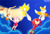 Size: 1076x742 | Tagged: safe, artist:jame5rheneaz, amy rose, cheese (chao), cream the rabbit, knuckles the echidna, miles "tails" prower, sonic the hedgehog, super sonic, chao, echidna, fox, hedgehog, rabbit, looking at each other, night, sky background, spinning tails, star (sky), super form