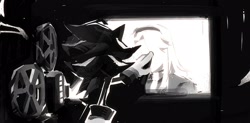 Size: 2441x1200 | Tagged: safe, artist:bdbdi743, maria robotnik, shadow the hedgehog, human, from behind, greyscale, monochrome, projector, solo