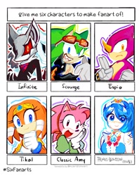 Size: 1327x1672 | Tagged: safe, artist:bdbdi743, amy rose, espio the chameleon, infinite the jackal, scourge the hedgehog, tikal, human, catch! teenieping, character name, classic amy, english text, group, infinite's mask, korean text, princess cloudia (catch! teenieping), six fanarts