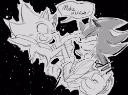 Size: 2048x1524 | Tagged: safe, artist:bdbdi743, shadow the hedgehog, sonic the hedgehog, super sonic, duo, english text, frown, grin, looking at each other, smile, speech bubble, super form