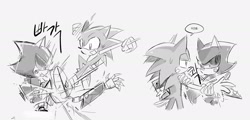 Size: 2048x982 | Tagged: safe, artist:bdbdi743, metal sonic, sonic the hedgehog, fight, grey background, greyscale, hand on another's arm, kicking, korean text, looking at each other, monochrome, simple background, smile, speech bubble