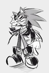 Size: 915x1350 | Tagged: safe, artist:bdbdi743, scourge the hedgehog, adjusting glasses, grey background, greyscale, grin, monochrome, sharp teeth, simple background, sketch, smile, solo, standing