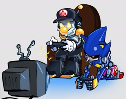 Size: 1735x1357 | Tagged: safe, artist:homar_simpleton, metal sonic, crossover, duo, mario, playing videogame, robot, sitting, television