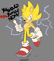 Size: 1349x1520 | Tagged: safe, artist:homar_simpleton, sonic the hedgehog, super sonic, super sonic 2, electricity, english text, grey background, implied suicide, meme, mid-air, simple background, solo, super form