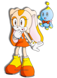 Size: 705x961 | Tagged: safe, artist:blophan, cheese (chao), cream the rabbit, chao, rabbit, brown eyes, cream fur, dress, female, gloves, shoes, socks