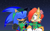 Size: 1736x1088 | Tagged: safe, artist:risziarts, sally acorn, sonic the hedgehog, chipmunk, hedgehog, alternate outfit, au:sonic world travel, blue power pattern, celebration, cyan power pattern, date, lunar new year, nighttime, sally x sonic, straight