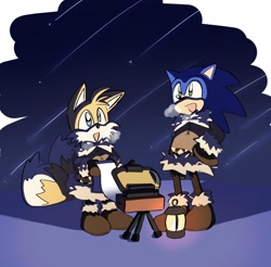 Size: 1603x1576 | Tagged: safe, artist:oudooooon427, miles "tails" prower, sonic the hedgehog, coat, duo, lantern, miles electric, nighttime, open mouth, outdoors, smile, standing