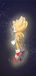 Size: 973x2048 | Tagged: safe, artist:oudooooon427, sonic the hedgehog, super sonic, full body, mid-air, solo, super form