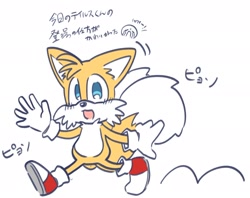 Size: 2048x1623 | Tagged: safe, artist:oudooooon427, miles "tails" prower, japanese text, looking at viewer, simple background, solo, walking, white background