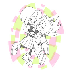 Size: 400x400 | Tagged: safe, artist:mellodillo, amy rose, tekno the canary, abstract background, duo, fleetway amy, holding each other, lesbian, looking at each other, monochrome, shipping, skirt, smile, teknamy