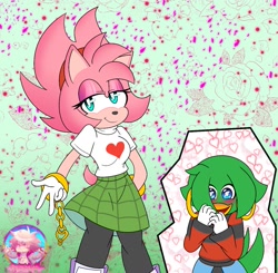 Size: 1275x1250 | Tagged: safe, artist:garabak0, amy rose, tekno the canary, blushing, duo, eyeshadow, fleetway amy, lesbian, skirt, smile