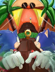 Size: 760x1000 | Tagged: safe, artist:umerouge, robotnik, sonic the hedgehog, bridge, classic robotnik, classic sonic, duo, grin, ring, self paradox, smile, star post, tree